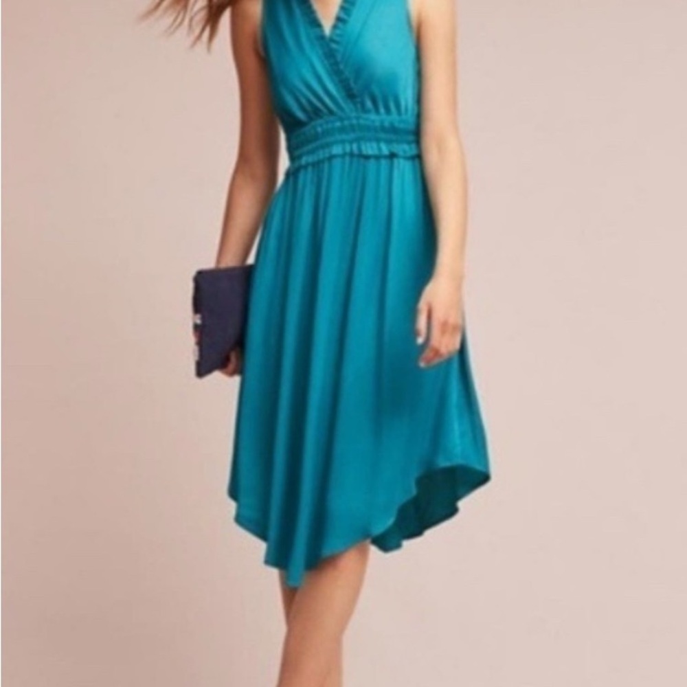 Maeve for Anthropologie Satin Teal Sleeveless Dress